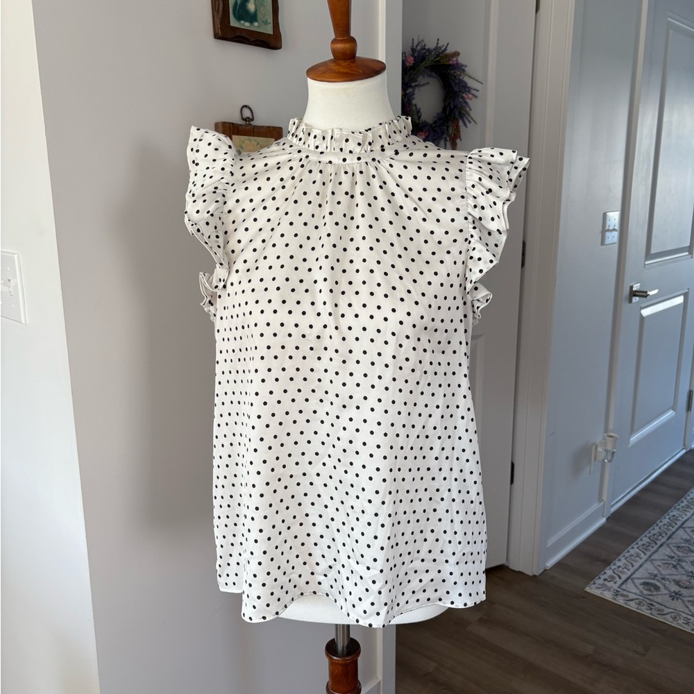 Express Black and White Polka Dot Ruffle Blouse